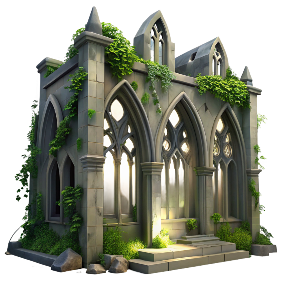 hypnotic playful modern A crumbling Gothic cathedral overgrown with ivy, moonlight streaming through broken stained glass windows, hyperrealistic style fine detail png