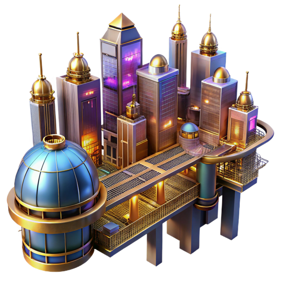 majestic harmonious art deco A steampunk cityscape, towering buildings of brass and glass, connected by intricate sky bridges, vibrant, neon lighting, cyberpunk influenced style 4K png