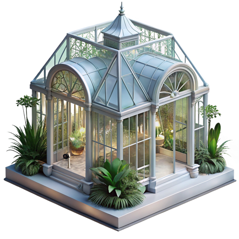 memorable surreal A floating Victorian greenhouse filled with exotic plants, soft light, ethereal, highly detailed, artisan png