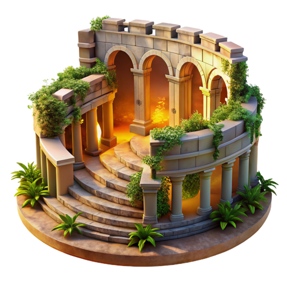 dazzling playful bohemian An ancient Roman amphitheater with crumbling walls and overgrown vegetation, soft golden sunset light, ancient Roman style perfect clarity png