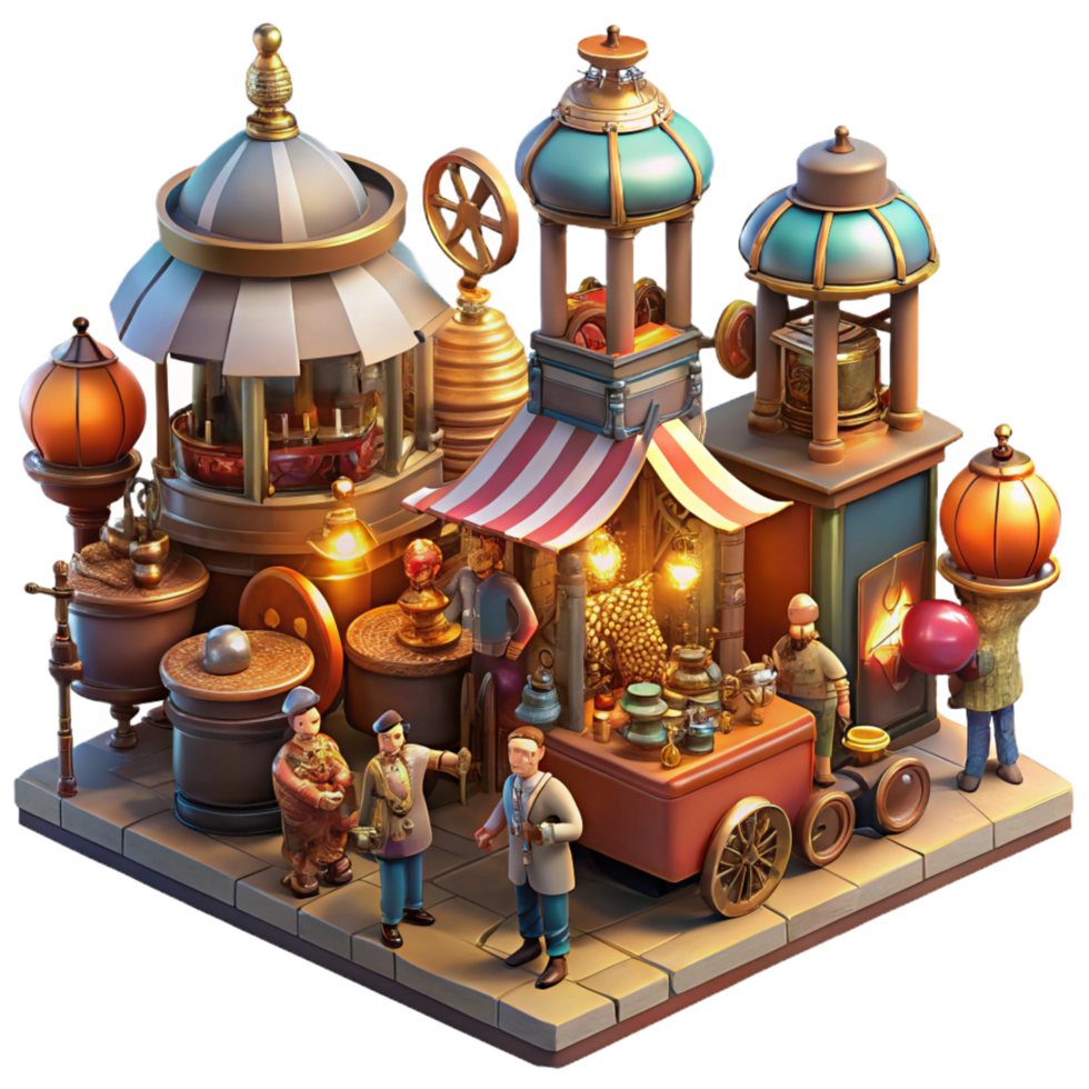 sumptuous nordic A bustling steampunk marketplace, filled with vendors selling bizarre gadgets and automatons, warm gaslight illumination, a chaotic and vibrant scene studio quality png