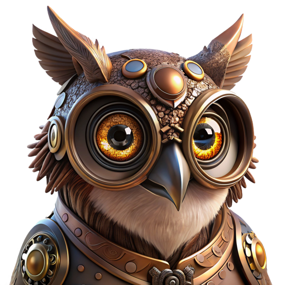 celebrated modern A close up portrait of a steampunk owl, with intricate clockwork mechanisms integrated into its feathers, illuminated by a dramatic spotlight, in a hyperrealistic style premium png