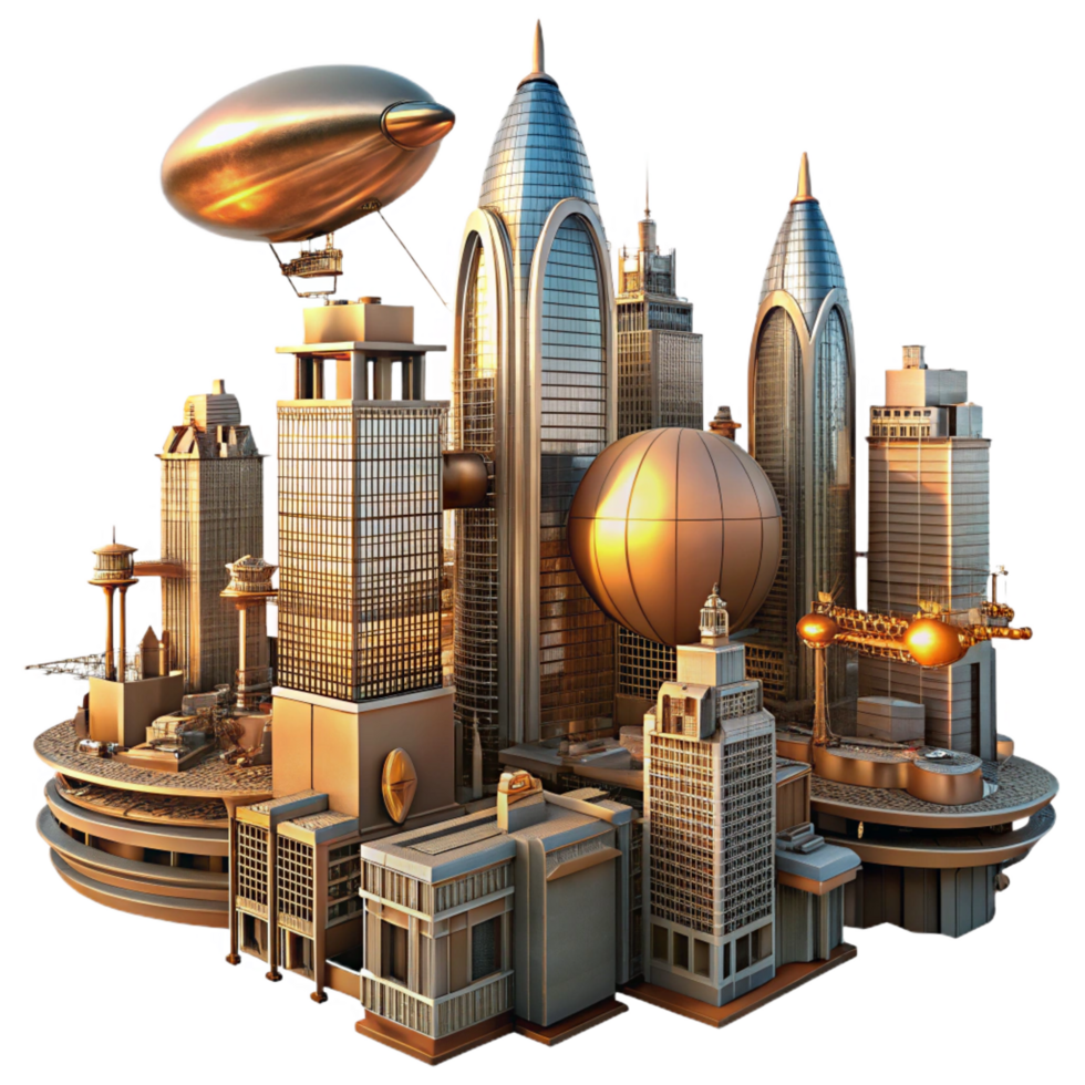 ethereal gorgeous A steampunk cityscape, towering buildings made of brass and glass, with airships flying overhead, bathed in the orange glow of a setting sun. Detailed, futuristic style flawless png