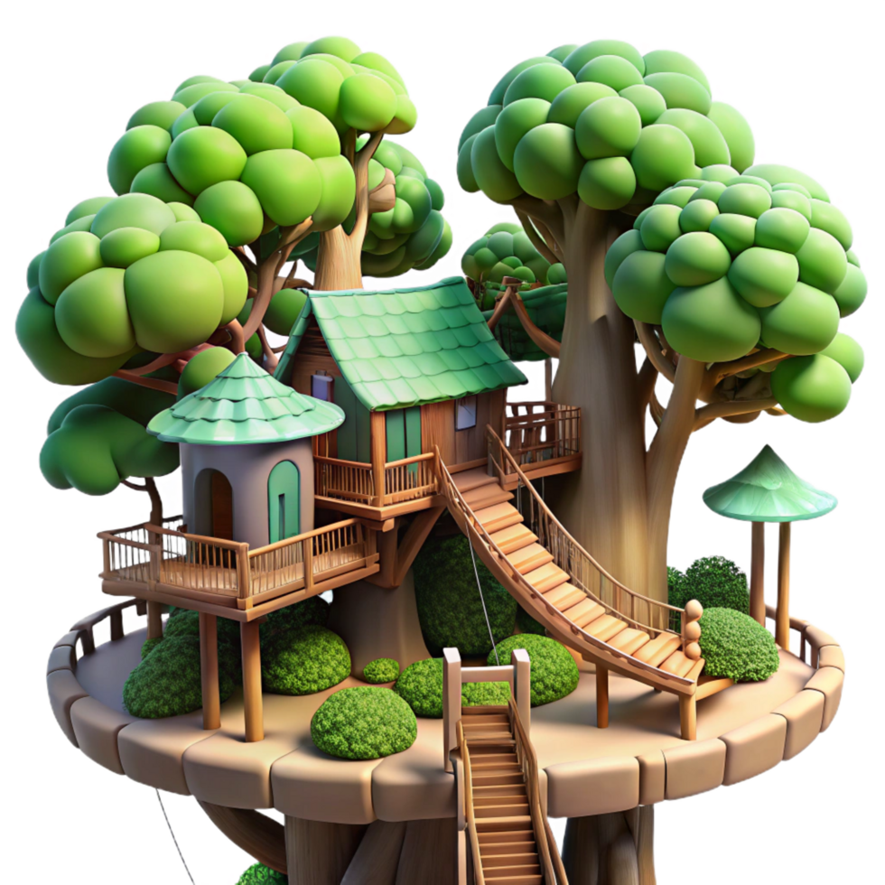 pristine urban A treehouse village interconnected by rope bridges, lush foliage, dappled sunlight, whimsical atmosphere, fantasy style, artisan png