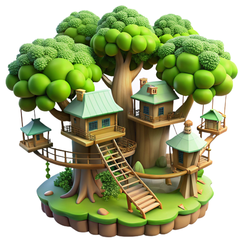 dazzling geometric Giant treehouse village connected by rope bridges, lush green foliage, dappled sunlight, fantasy art style, crisp png