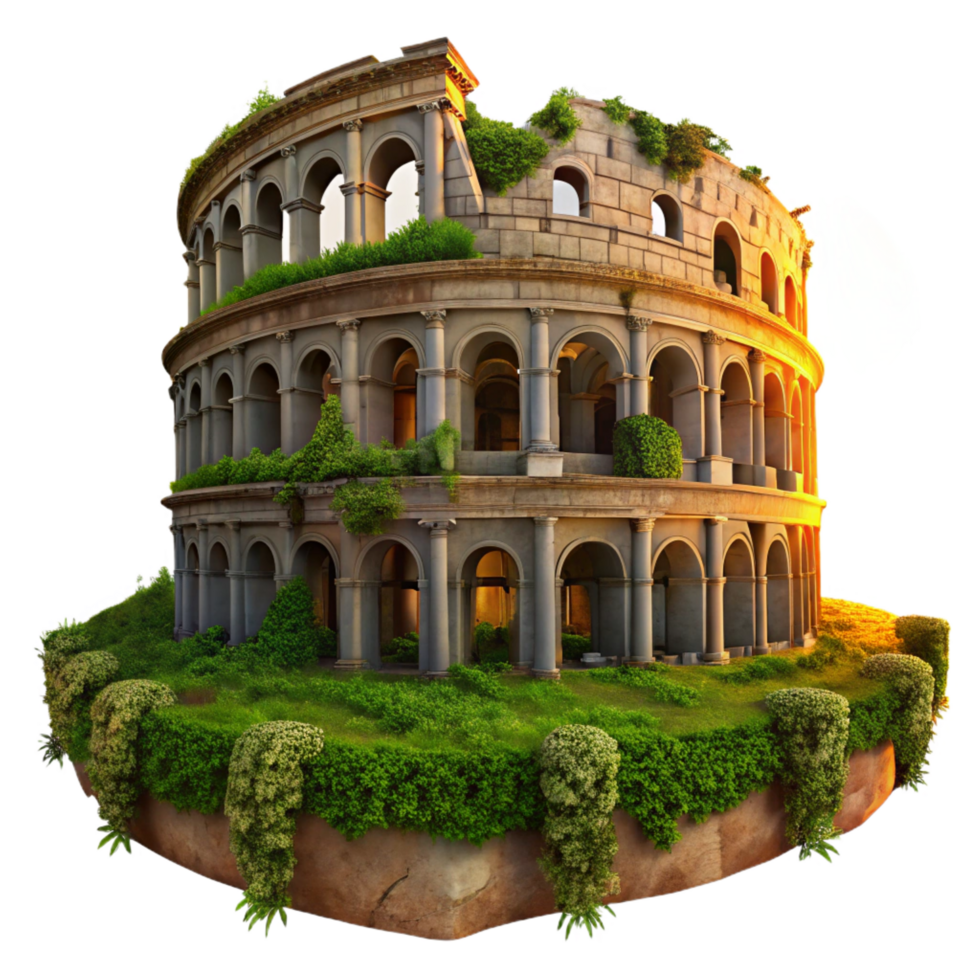 mysterious mesmerizing A crumbling Roman colosseum overgrown with vegetation, dramatic sunset lighting, photorealistic style exclusive png