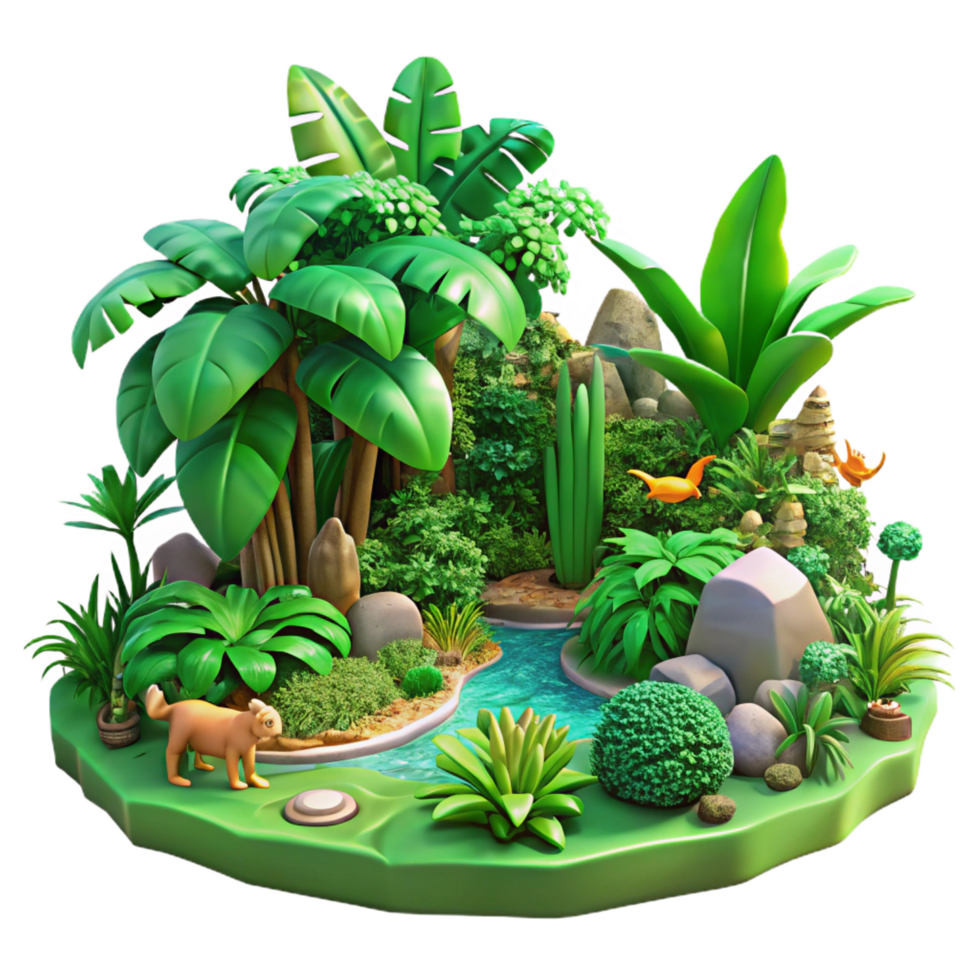 elegant unparalleled A lush green jungle with exotic plants and animals, vibrant colors, jungle style, detailed environment, png