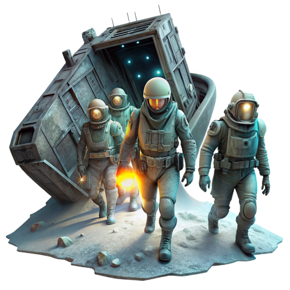 calm radiant A group of space pirates in tattered spacesuits explores a derelict spaceship, illuminated by the flickering light of their headlamps. Dieselpunk style, gritty texture luxury png