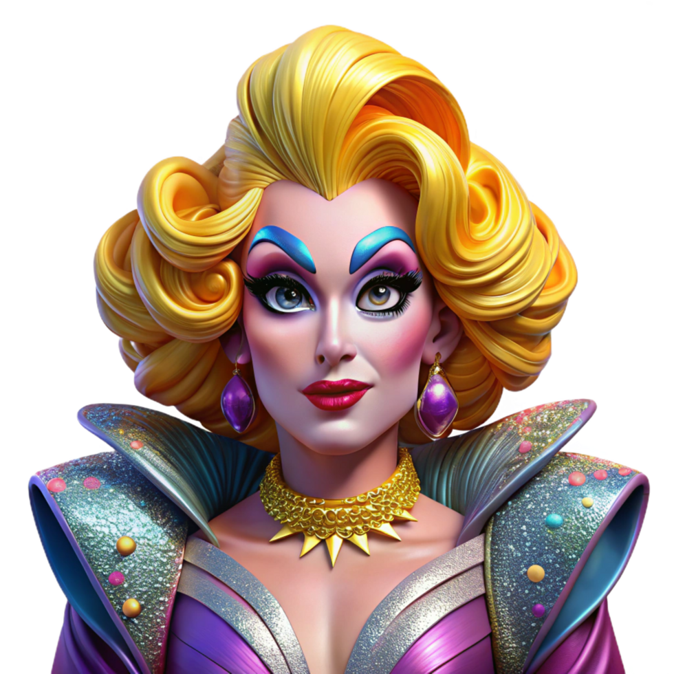 breathtaking romantic elegant Portrait of a flamboyant drag queen with extravagant makeup and a glamorous outfit, lit by bright stage lights, in a pop art style perfect clarity png