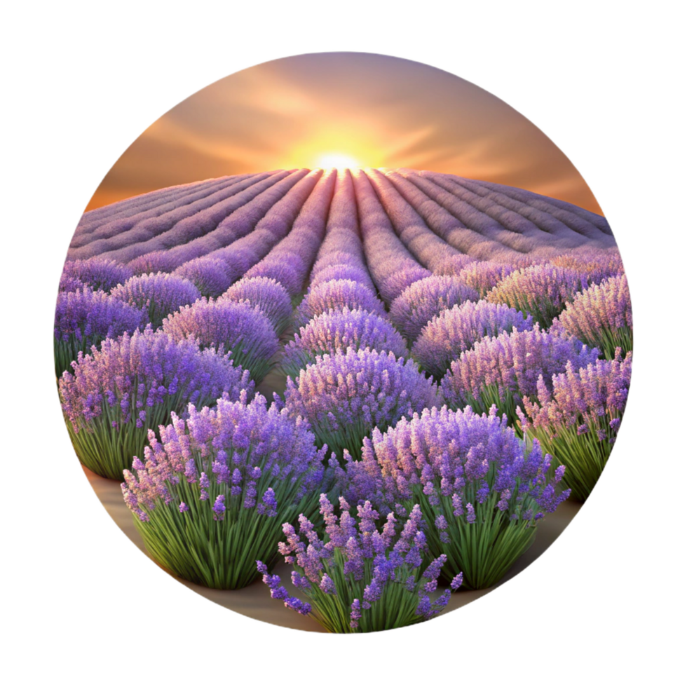 exquisite avant garde A field of lavender flowers at sunset, golden light, Impressionist style, visible brushstrokes, precision png