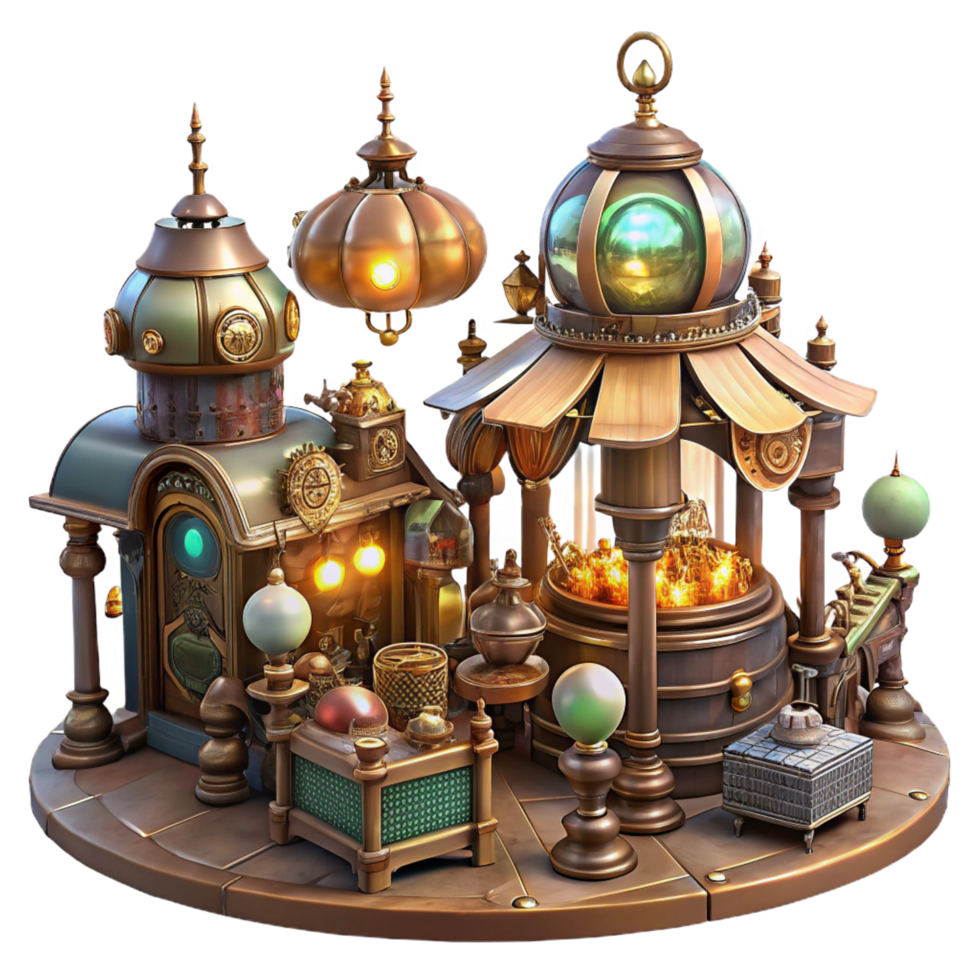 dazzling retro A bustling steampunk marketplace, filled with intricate automatons and quirky vendors, lit by flickering gaslights and glowing orbs, art nouveau style genuine png