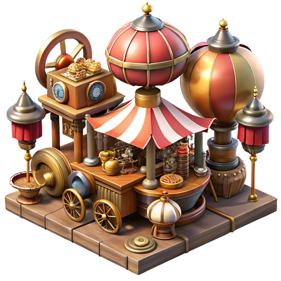 glorious tranquil gothic A bustling steampunk marketplace, filled with vendors selling strange gadgets and contraptions. Bright, midday lighting. Concept art style high resolution png