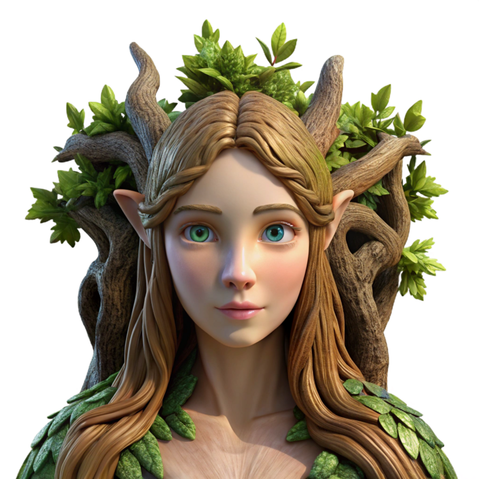 calm pristine A graceful dryad emerging from an ancient oak tree, her skin made of bark and moss, sunlight dappling through the leaves, Pre Raphaelite style, 8K png