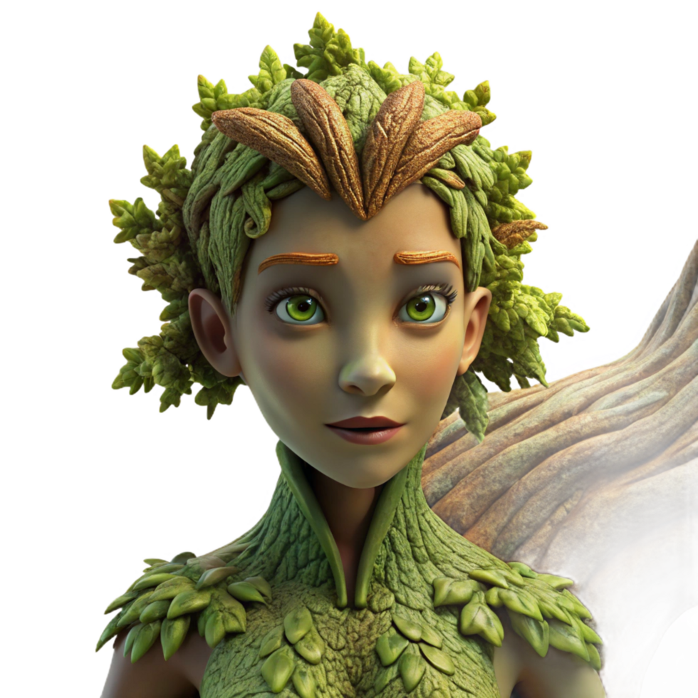 beautiful retro A serene dryad emerging from an ancient oak tree, her skin made of bark and moss, dappled with sunlight. Photorealistic style 8K png