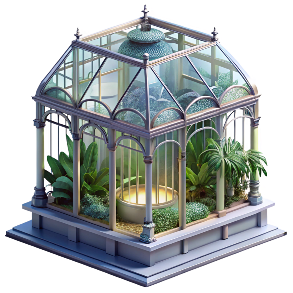 picturesque contemporary A floating Victorian greenhouse filled with exotic plants, soft light, ethereal, highly detailed, fine detail png