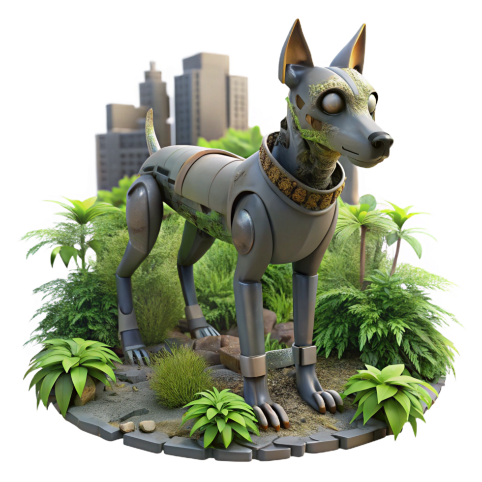 inspired modern A lone, robotic dog wanders through a deserted, post apocalyptic city, overgrown with vegetation. Cyberpunk style, gritty texture museum quality png