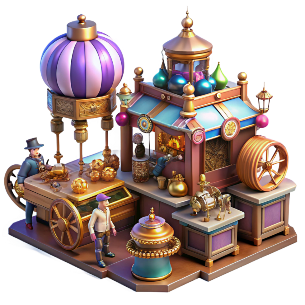 notable classic A bustling steampunk marketplace, filled with vendors selling fantastical gadgets and automatons, vibrant colors, dynamic lighting, art nouveau style gallery standard png