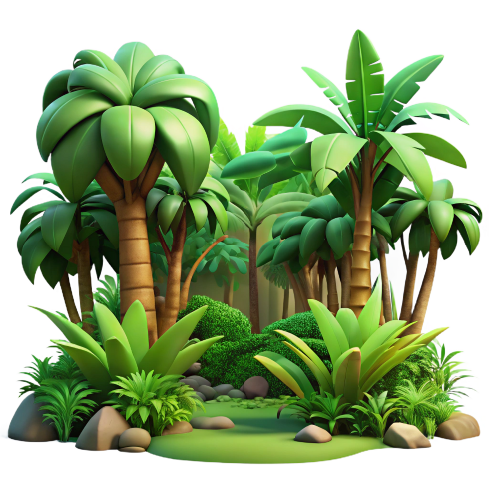 picturesque mid century A lush tropical jungle, dappled sunlight filtering through the canopy, vibrant and detailed style exclusive png
