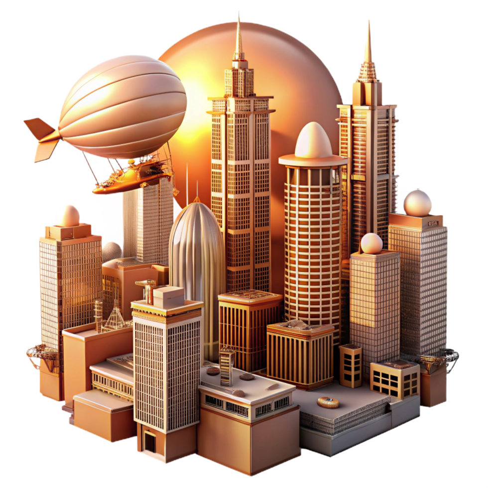 alluring bohemian A steampunk cityscape, towering buildings of brass and glass, airships crisscrossing the sky, lit by a vibrant orange sunrise 4K png