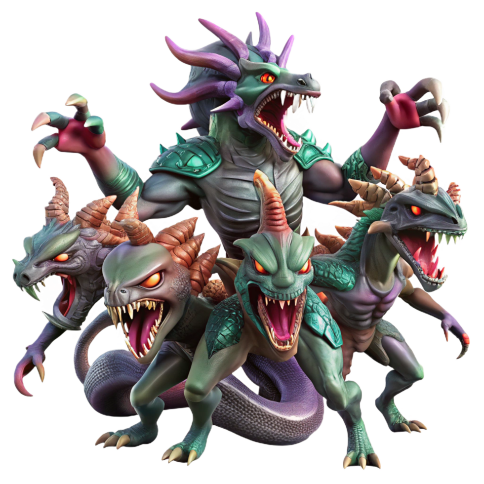 beautiful reflective impressionist A fierce hydra battling a group of heroes, dramatic lighting, fantasy art style fine detail png