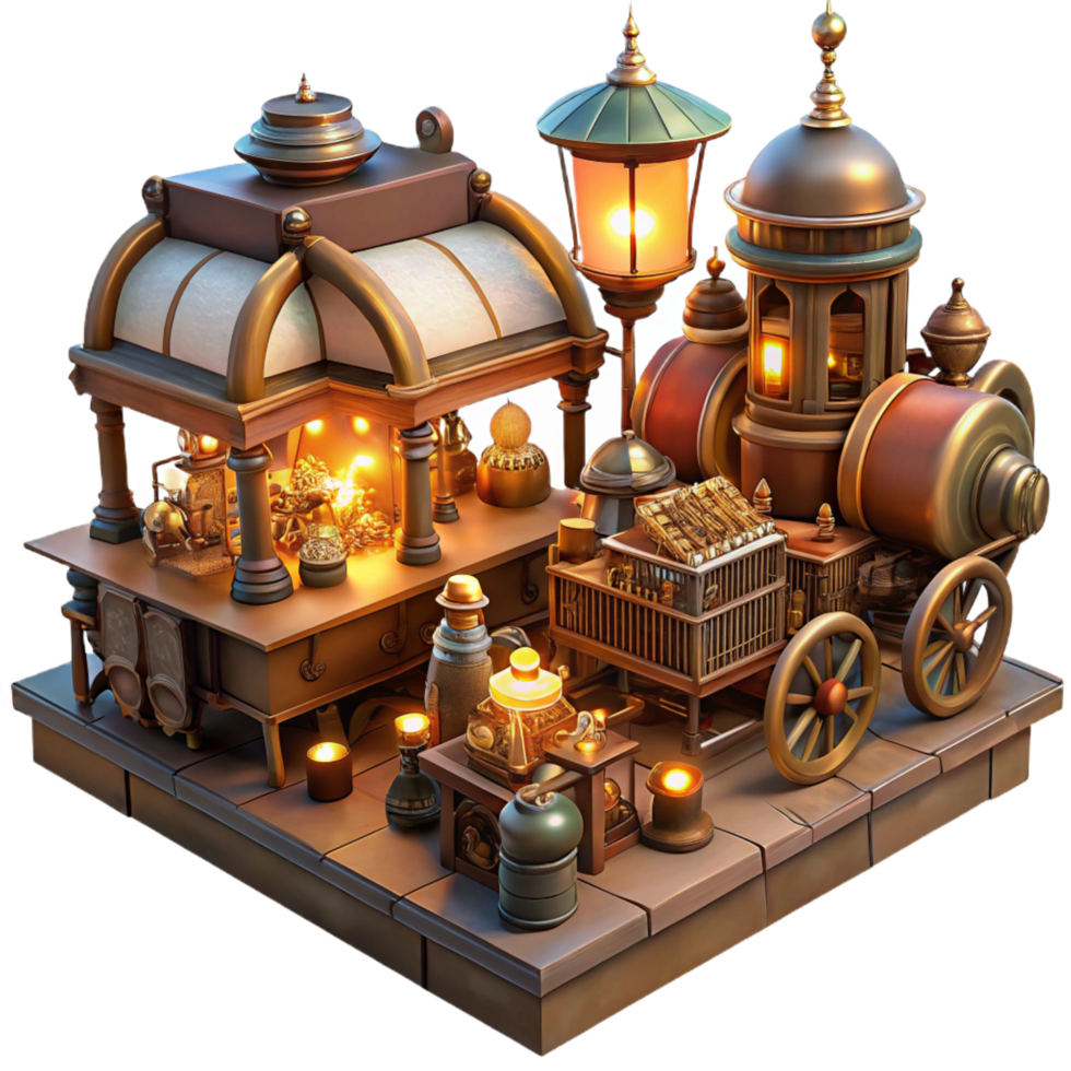 stunning futuristic A bustling steampunk marketplace, filled with vendors selling bizarre gadgets and automatons, bathed in the warm glow of gaslights. Detailed, cinematic style high quality png