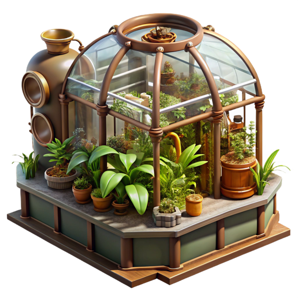 quintessential classic A steampunk greenhouse filled with exotic plants and mechanical devices, sunlit interior, botanical illustration style artisan png