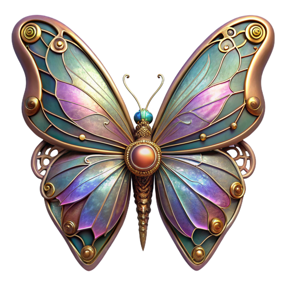 ethereal majestic A delicate steampunk butterfly, wings made of filigree metal and stained glass, illuminated by a soft, diffuse light. Art Deco style, iridescent colors original png