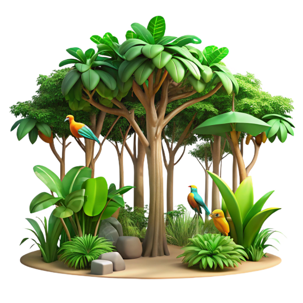 striking memorable A lush, green rainforest canopy teeming with colorful, exotic birds, dappled sunlight filtering through the leaves, photorealistic style png