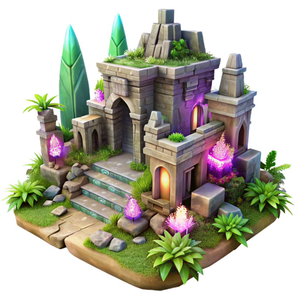 dramatic bold classic A crumbling, ancient elven city overgrown with vibrant, glowing flora, soft morning light, matte painting style 4K png