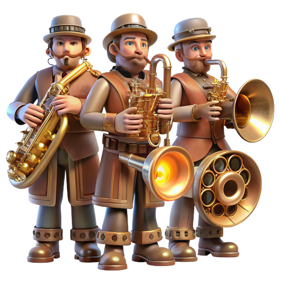 unforgettable abstract A group of steampunk musicians, playing brass instruments modified with gears and tubes, illuminated by stage lights in a smoky, atmospheric setting genuine png