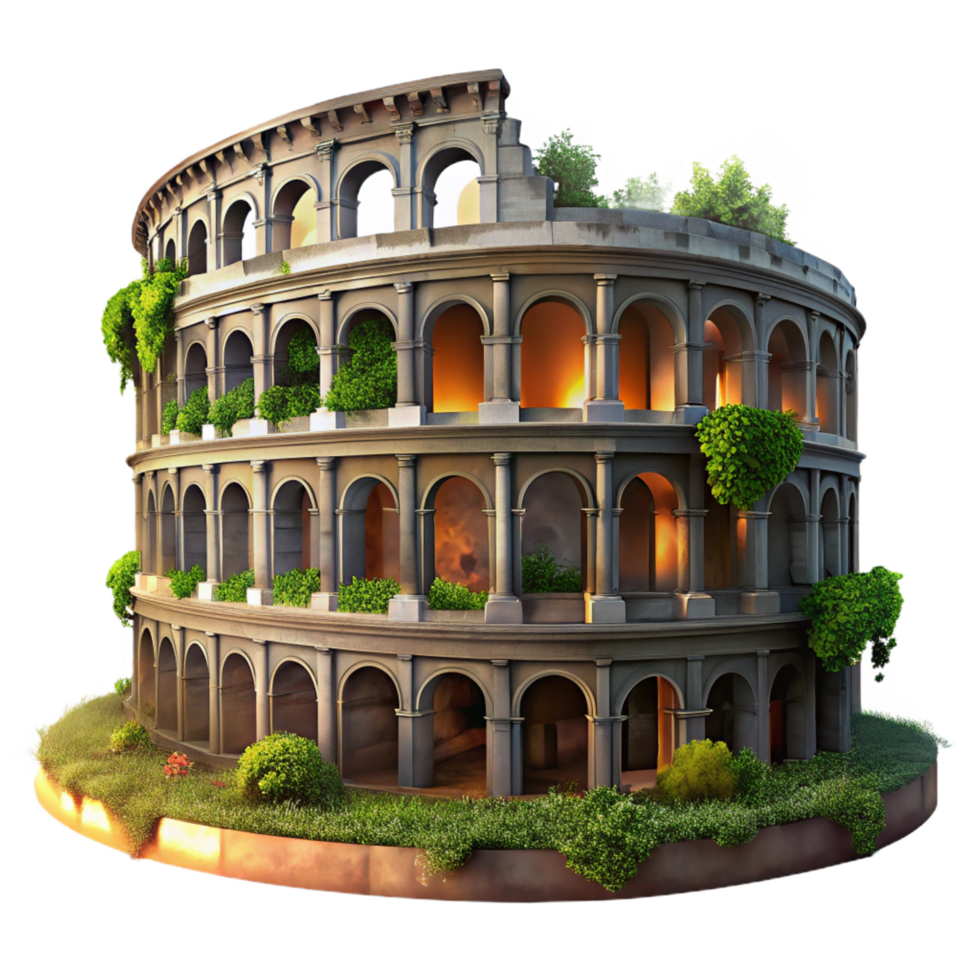 energetic fascinating A crumbling Roman colosseum overgrown with vegetation, dramatic sunset lighting, photorealistic style flawless png