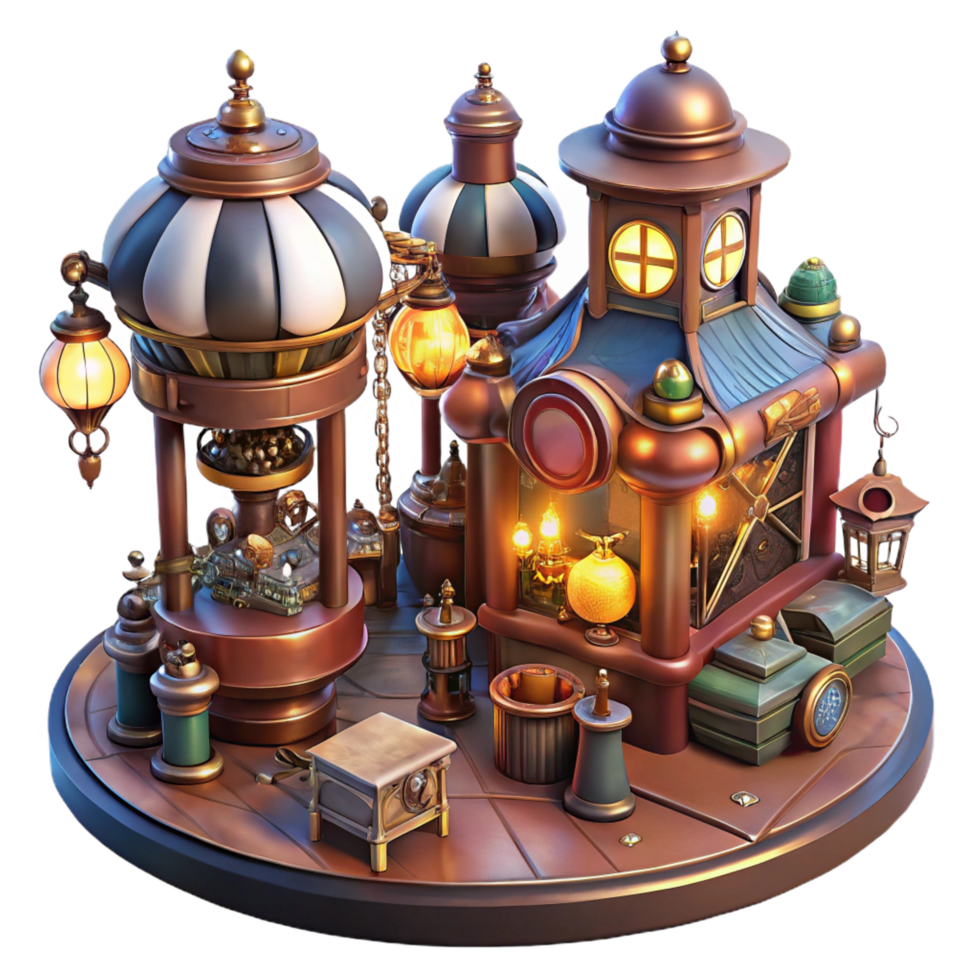 radiant timeless A bustling steampunk marketplace filled with vendors selling intricate gadgets and automatons, lit by colorful gas lamps and flickering lanterns. Dynamic lighting, Art Nouveau style png