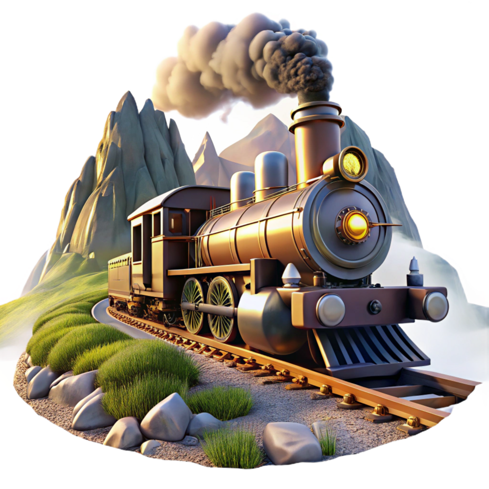 breathtaking notable A steampunk train speeding through a mountainous landscape, emitting plumes of steam and smoke, illuminated by the bright sunlight. Natural lighting, realistic style png
