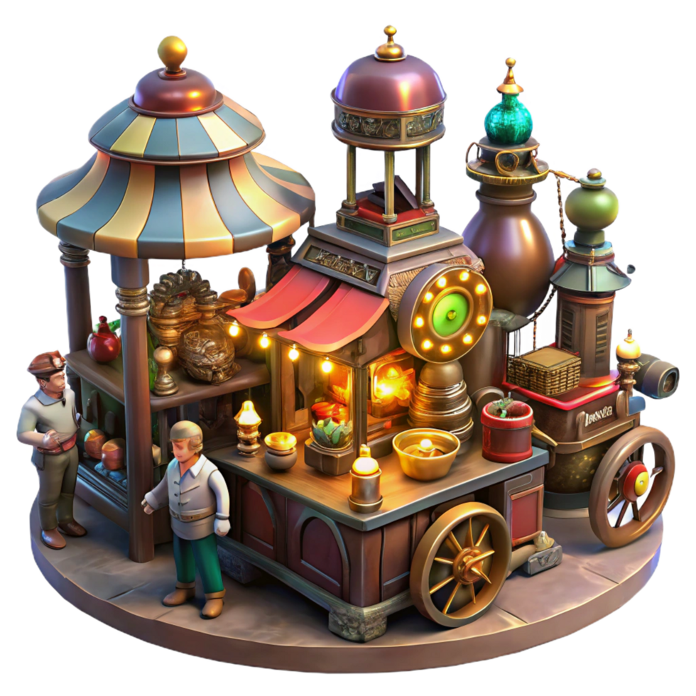 dramatic distinctive A bustling steampunk marketplace, filled with vendors selling bizarre gadgets and automatons, illuminated by flickering gas lamps and colorful electric lights png