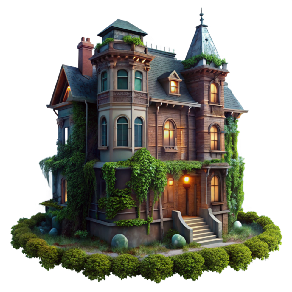 quintessential modern A crumbling Victorian mansion, overgrown with ivy, moonlight, desaturated colors, painterly style, visible brick and peeling paint, fog rolling in exclusive png