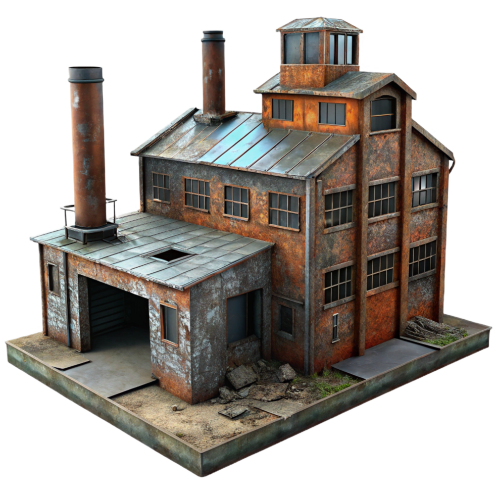 whimsical wonderful An abandoned industrial factory, rusted metal and broken windows, dim lighting, gritty realism, decaying urban landscape, post apocalyptic feel flawless png
