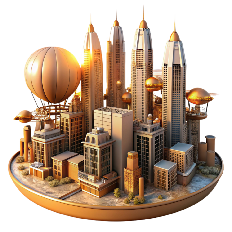 acclaimed gothic A steampunk cityscape, towering buildings of brass and glass, airships crisscrossing the sky, lit by a vibrant orange sunrise museum quality png