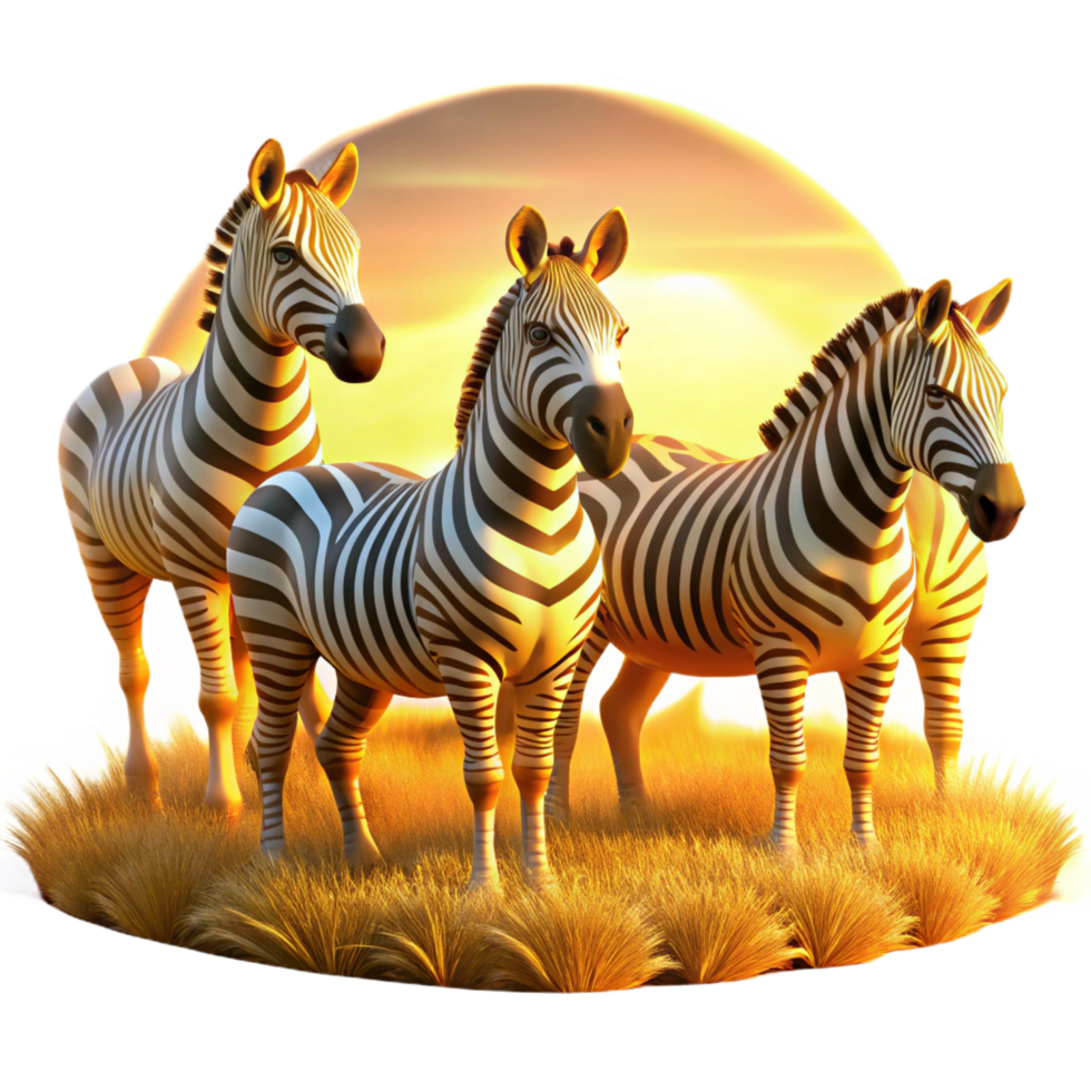 striking exceptional A group of zebras grazing in the African savanna, illuminated by the golden light of late afternoon, painted in an impressionistic style png