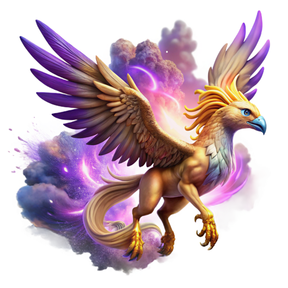 passionate fascinating A majestic griffin with iridescent feathers soaring through a swirling nebula of purple and gold, dramatic lighting, digital painting style precision png