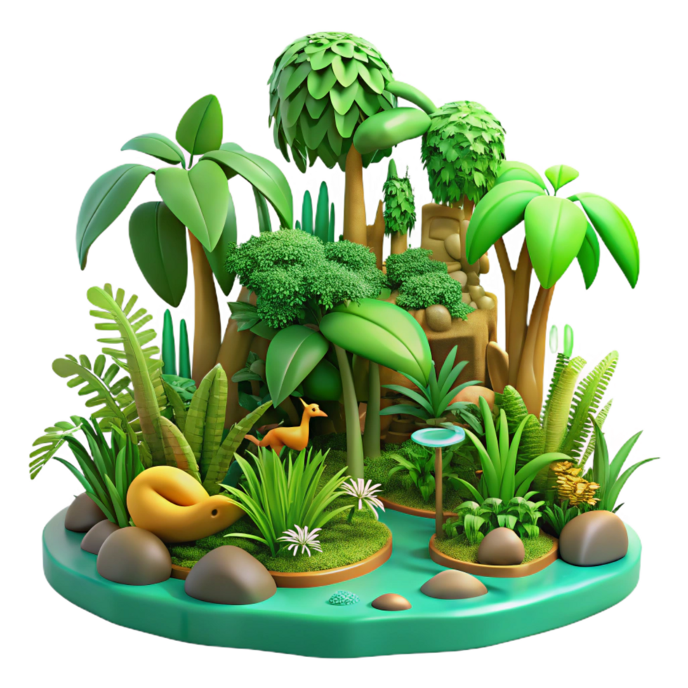 inspired abstract A lush green jungle with exotic plants and animals, vibrant colors, jungle style, detailed environment, fine detail png