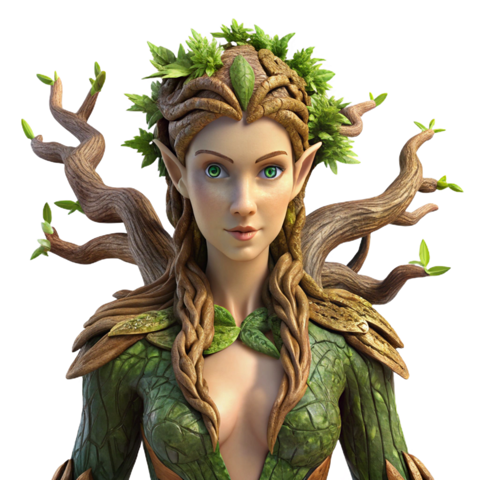 striking iconic A graceful dryad emerging from an ancient oak tree, her skin made of bark and moss, sunlight dappling through the leaves, Pre Raphaelite style, png
