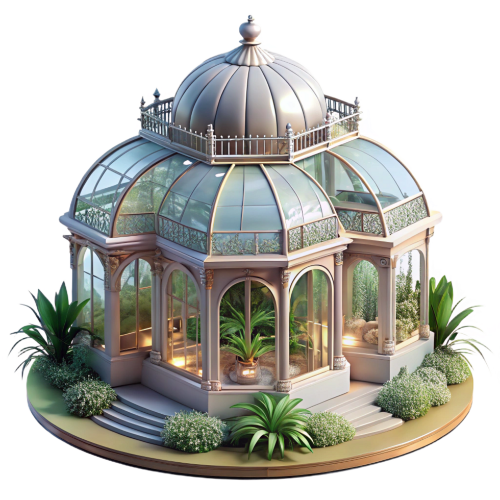 iconic retro A floating Victorian greenhouse filled with exotic plants, soft light, ethereal, highly detailed, impeccable png