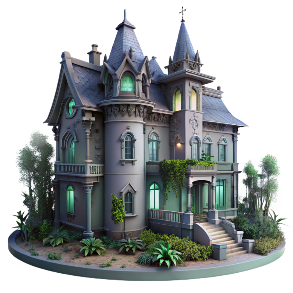 dramatic dreamy avant garde An abandoned Victorian mansion, overgrown with ivy, eerie moonlight, gothic horror style, photorealistic render genuine png