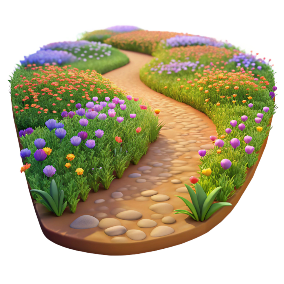 breathtaking quintessential A winding dirt path through a field of wildflowers, impressionist style, warm afternoon sunlight, vibrant colors, png