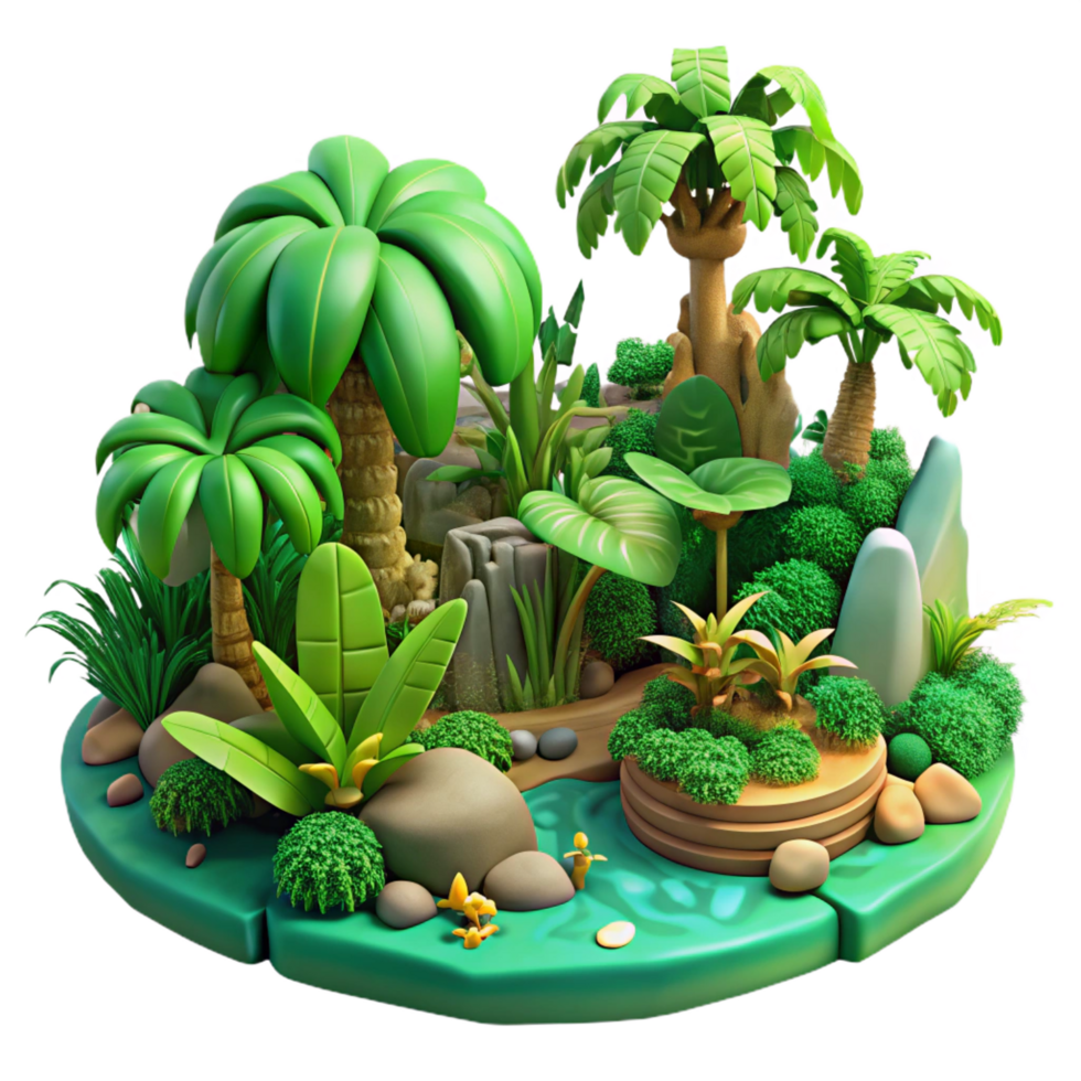 coveted urban A lush green jungle with exotic plants and animals, vibrant colors, jungle style, detailed environment, masterfully captured png