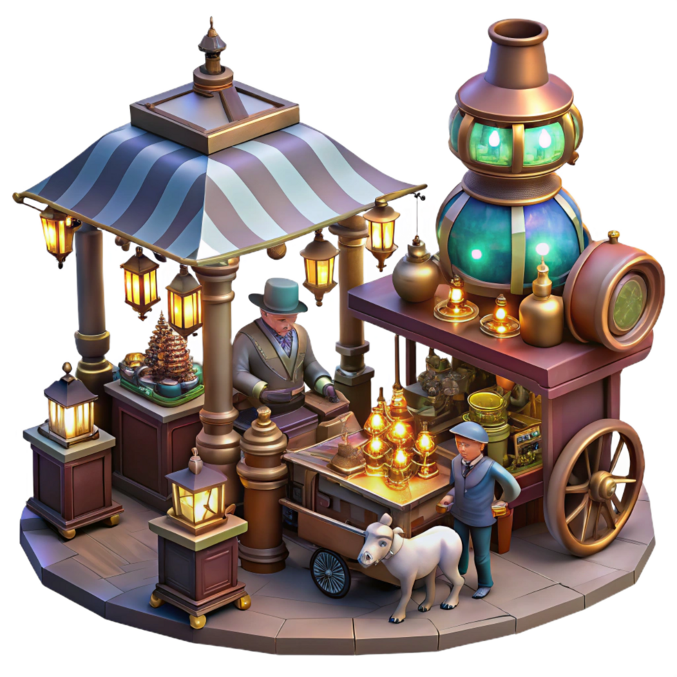 distinctive traditional A bustling steampunk marketplace, filled with vendors selling bizarre gadgets and automatons, illuminated by flickering gas lamps and colorful electric lights detailed png