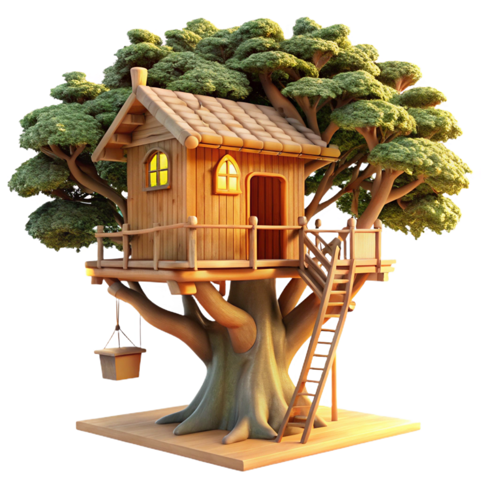 rare modern A treehouse built into a giant sequoia, rustic wood and rope, warm sunlight filtering through leaves, whimsical, illustration, expertly shot png