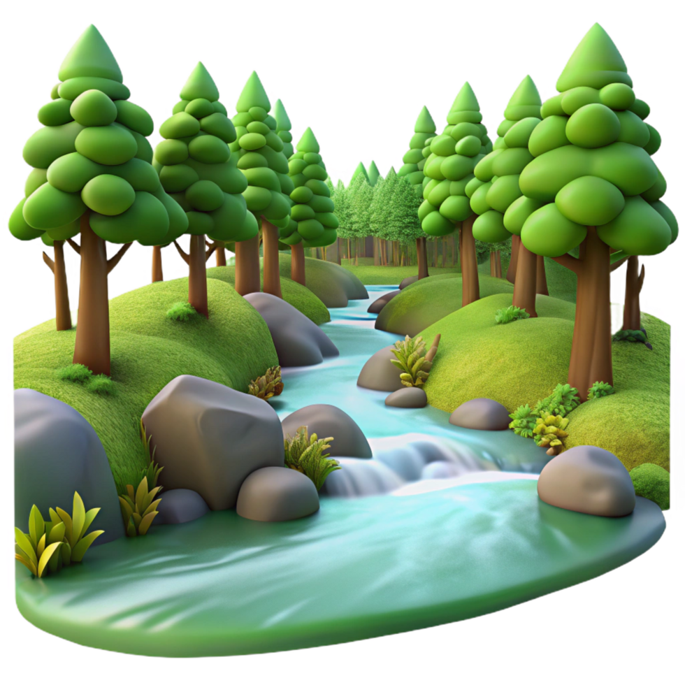 celebrated mid century A babbling brook flowing through a lush forest, long exposure, soft, diffused light, tranquil atmosphere, high resolution png