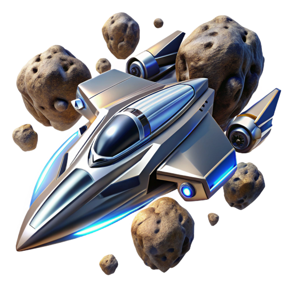 distinctive retro A sleek, chrome spaceship races through an asteroid field, pursued by two smaller, faster fighters. Photorealistic style. Dramatic lighting professional png