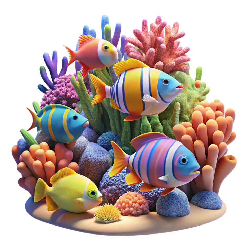 unforgettable art deco A school of brightly colored tropical fish swimming amongst coral reefs, vibrant underwater lighting, nature documentary style detailed png